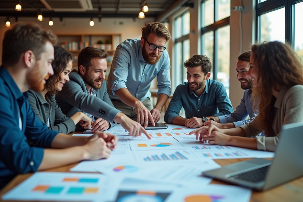 Groupe de personnes collaborant autour de tableaux et appareils numériques