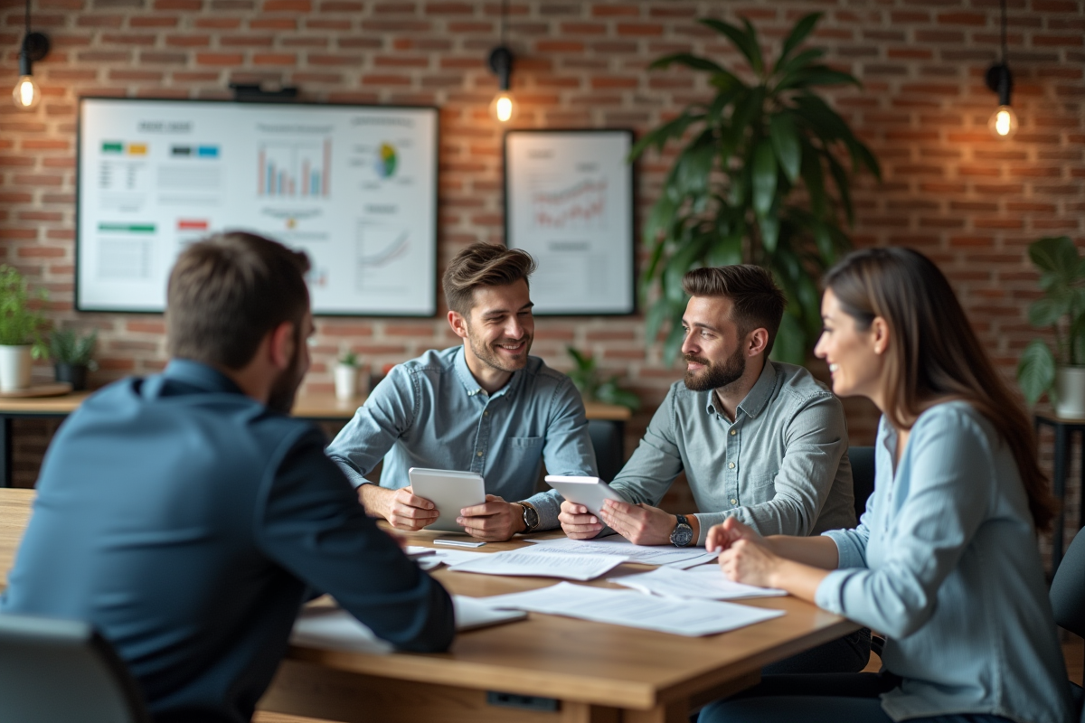Groupe de collaborateurs discutant autour d une table de reunion