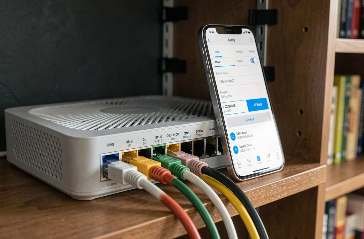 Routeur domestique et smartphone affichant une configuration DNS personnalisée sur une étagère