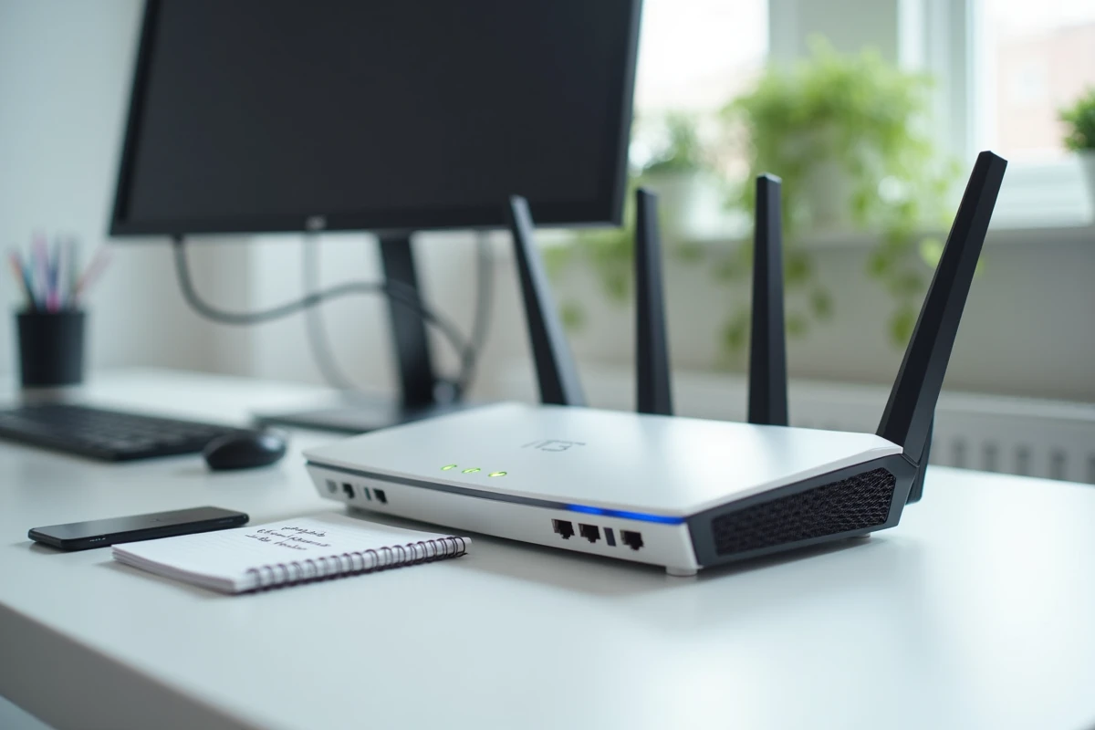 Routeur Wi-Fi sur un bureau avec un câble Ethernet et un bloc-notes contenant des identifiants de connexion administrateur
