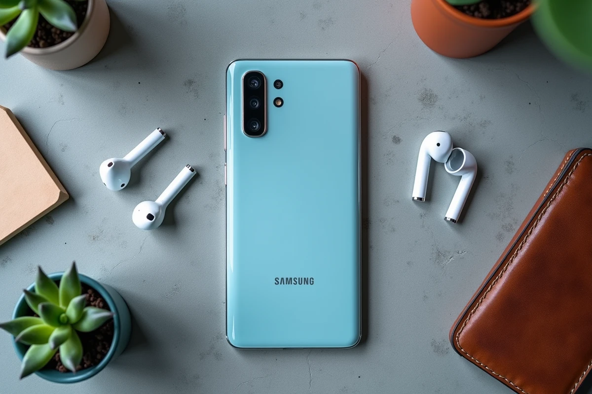 Samsung Galaxy A25 posé sur une surface en béton avec des accessoires du quotidien en vue de dessus
