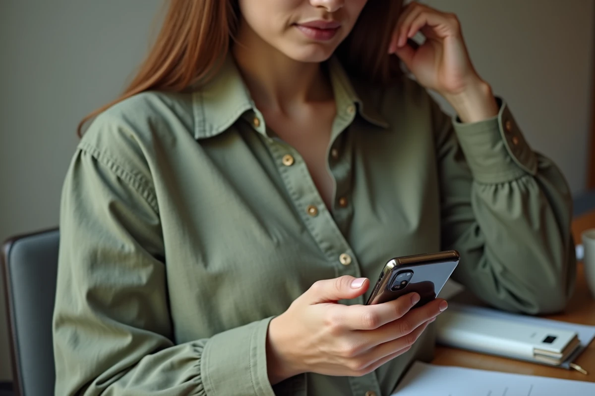 Femme tenant un Samsung Galaxy A25 dans la main près d'un bureau en bois minimaliste
