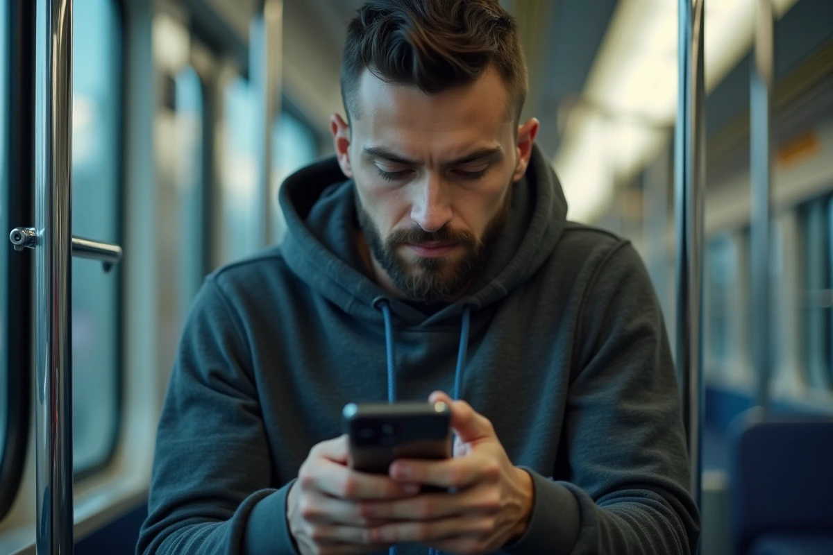 Homme utilisant un Samsung Galaxy A25 dans les transports en commun urbains