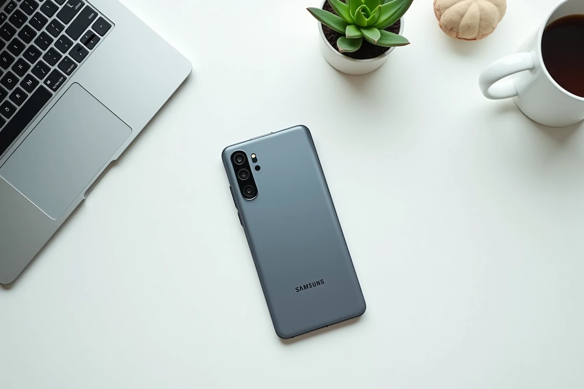 Samsung Galaxy A35 5G posé sur un bureau avec accessoires de travail, vue de dessus illustrant le design du téléphone