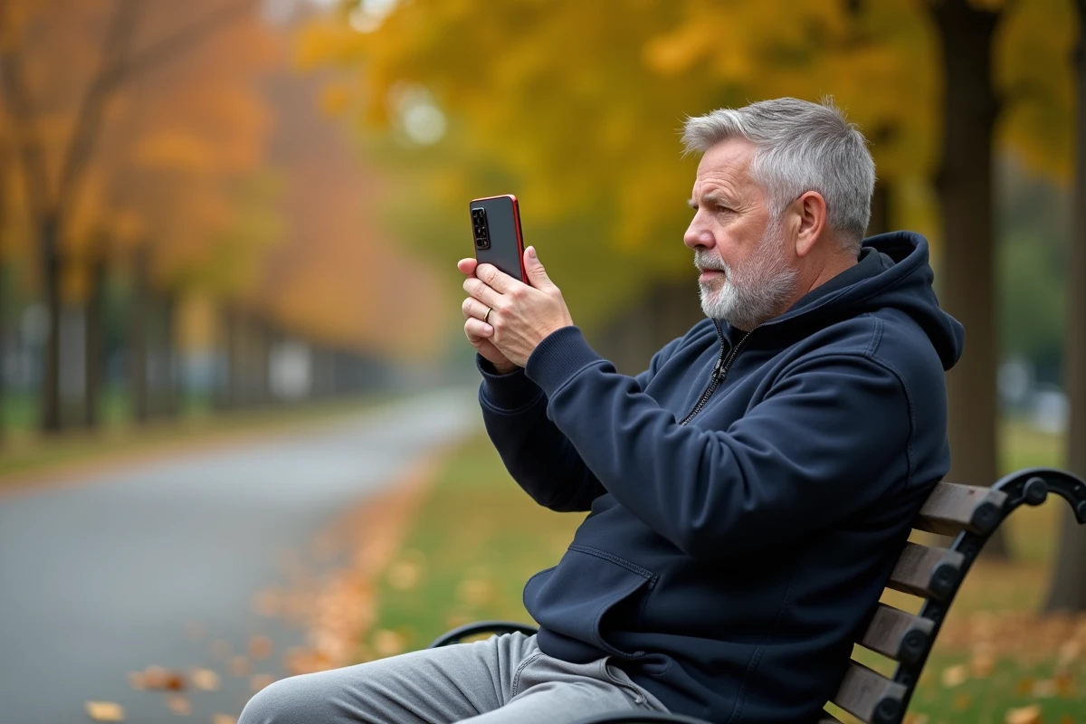 Homme utilisant l'appareil photo du Samsung Galaxy A35 5G dans un parc en automne, mettant en valeur les capacités photo du smartphone