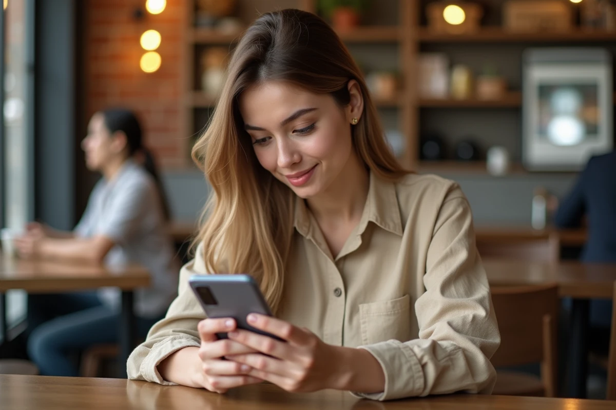 Jeune femme tenant un Samsung Galaxy A35 5G dans un café moderne, illustrant l'usage quotidien du smartphone