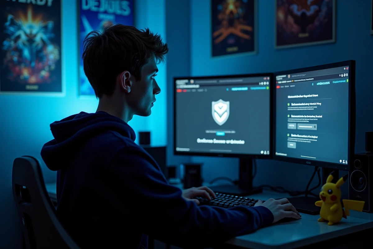 Adolescent vérifiant la sécurité d'une ROM Pokémon Émeraude avec un antivirus sur un PC gamer