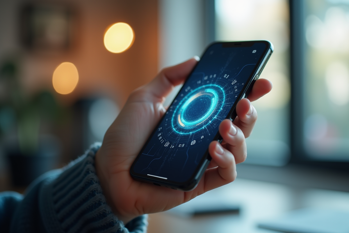 Main tenant un smartphone avec animation de chargement en cours
