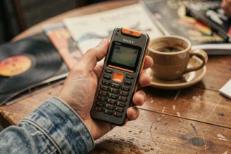 Homme tenant un Sony Ericsson Walkman vintage dans un café rétro avec des pochettes de vinyle