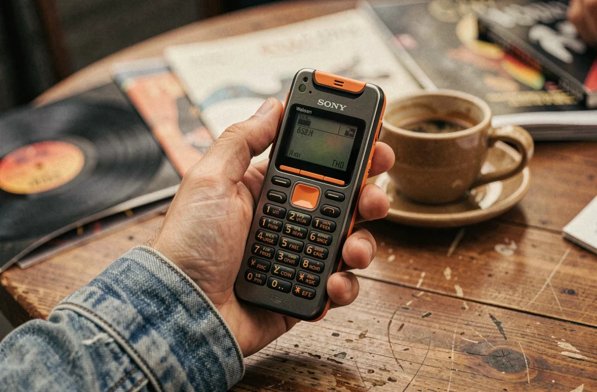 Homme tenant un Sony Ericsson Walkman vintage dans un café rétro avec des pochettes de vinyle