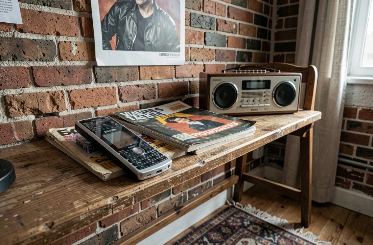 Sony Ericsson Walkman posé sur une étagère vintage entouré de cassettes et de magazines musicaux