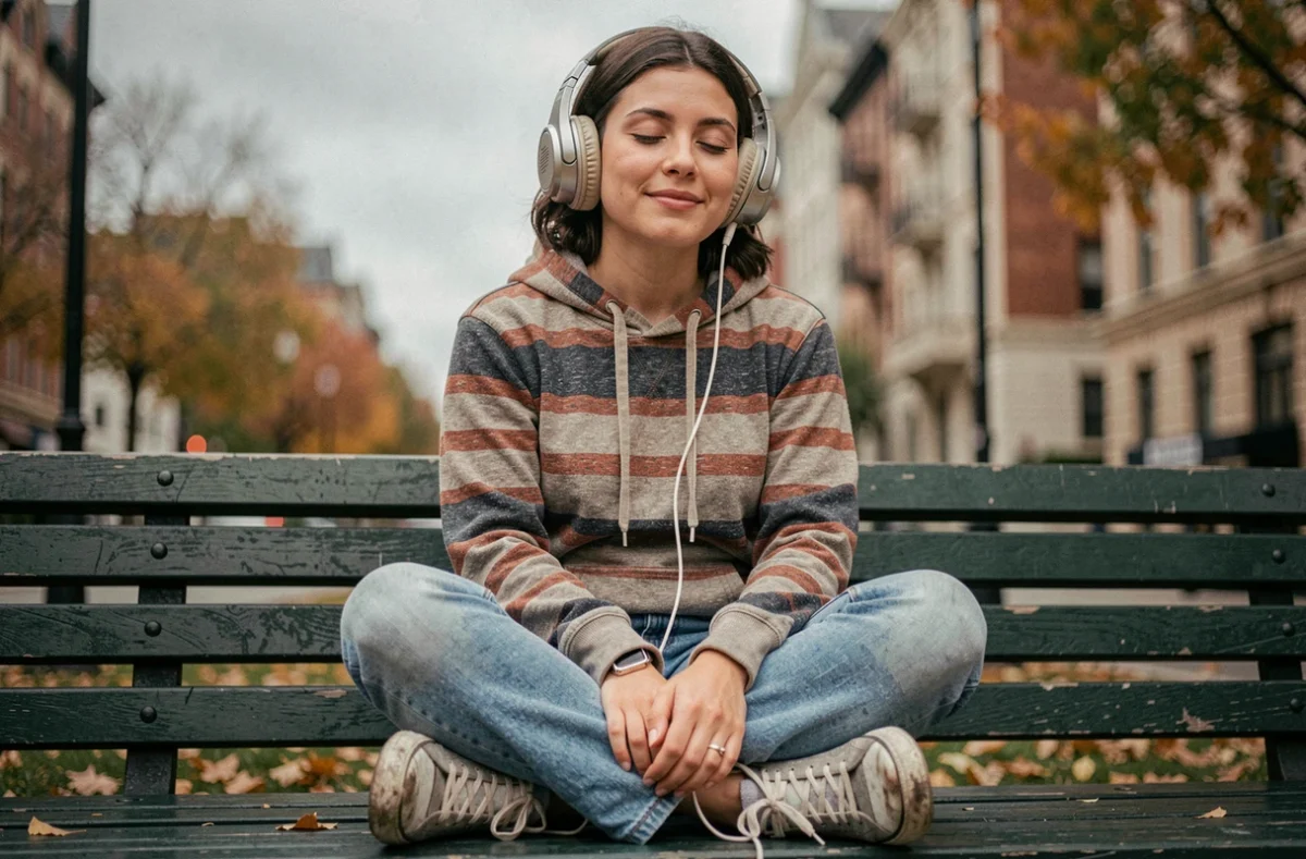 Jeune femme écoutant de la musique avec un Sony Ericsson Walkman et un casque vintage dans un parc urbain
