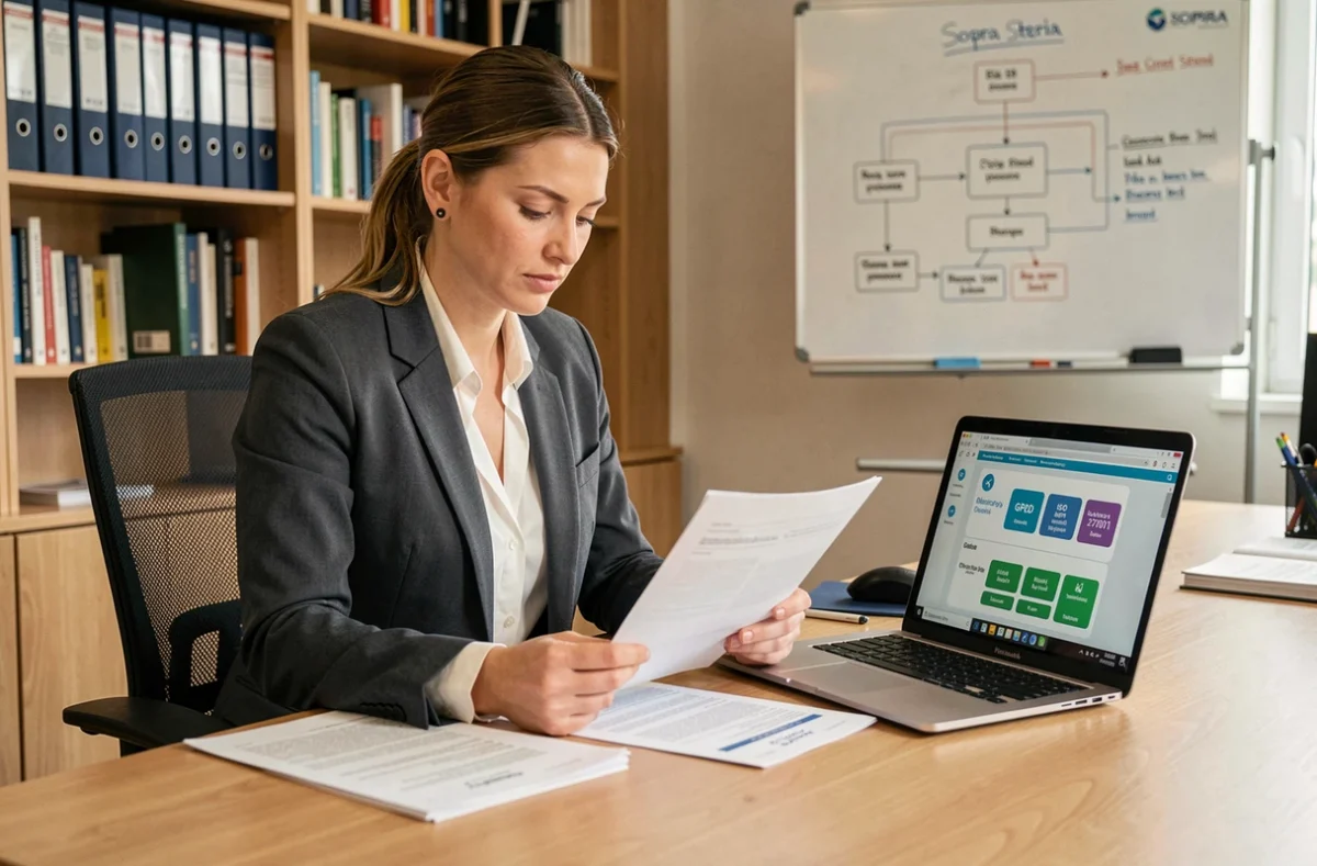 Auditrice Sopra Steria examinant des rapports de conformité cybersécurité ISO 27001 dans un bureau professionnel