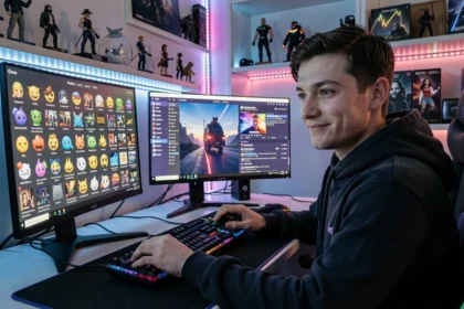 Streamer Twitch configurant des emojis personnalisés sur son serveur Discord depuis son bureau gaming avec double écran