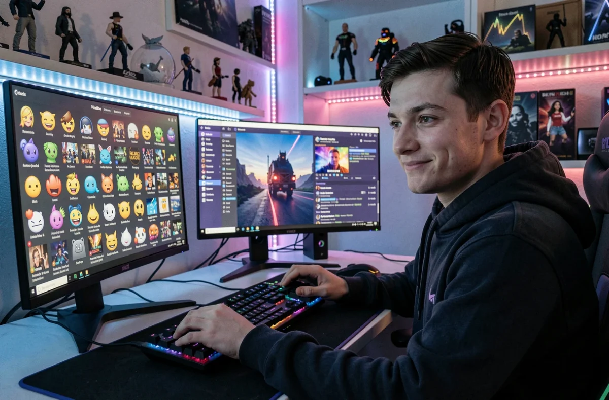 Streamer Twitch configurant des emojis personnalisés sur son serveur Discord depuis son bureau gaming avec double écran
