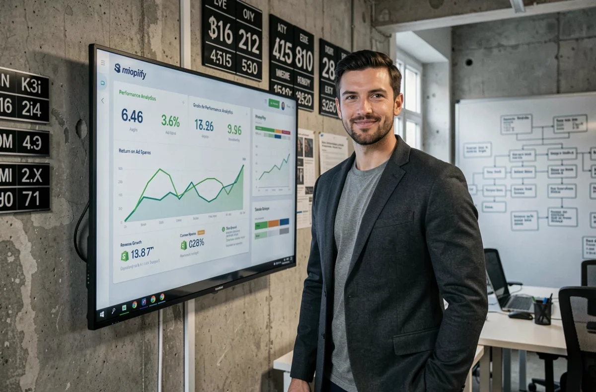 Stratège croissance d'une agence Shopify parisienne analysant des métriques de performance e-commerce sur un grand écran