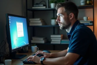 Technicien informatique installant Windows 7 Professional sur un ordinateur de bureau dans un bureau à domicile