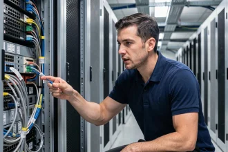 Technicien informatique expliquant la configuration d'un réseau VLAN devant une baie de serveurs professionnelle