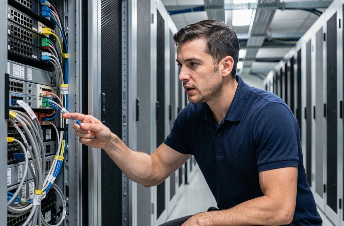 Technicien informatique expliquant la configuration d'un réseau VLAN devant une baie de serveurs professionnelle