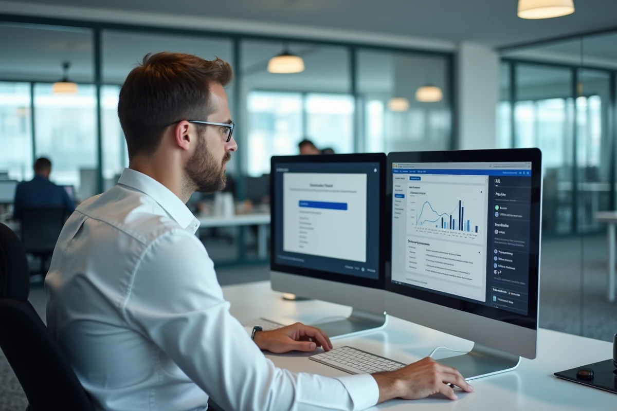 Technicien informatique résolvant un problème de connexion webmail universitaire sur un poste de travail à double écran