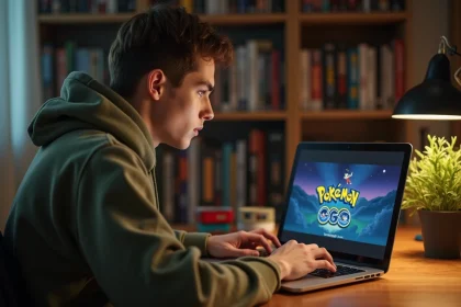 Jeune homme téléchargeant une ROM Pokémon Émeraude sur son ordinateur portable dans un bureau gamer rétro