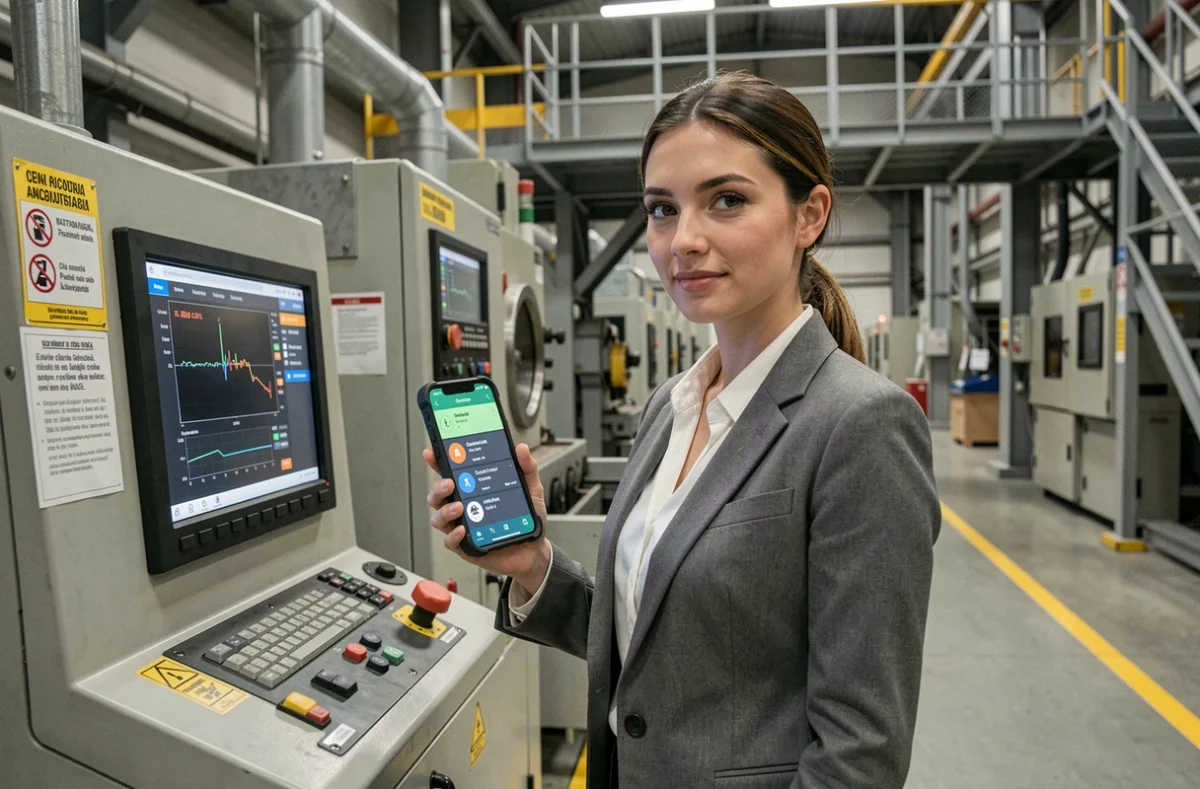 Spécialiste assurance qualité testant une application mobile industrielle sécurisée sur le sol d'une usine de fabrication en Roumanie