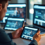 Jeune professionnel testant un site moderne sur plusieurs appareils