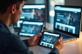 Jeune professionnel testant un site moderne sur plusieurs appareils