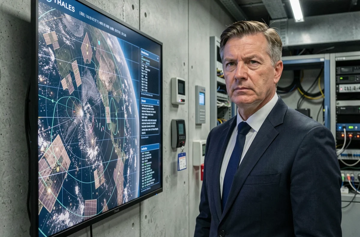 Ingénieur Thales devant un écran de cybersécurité défense affichant des données chiffrées et de la souveraineté numérique