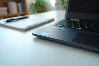 Gros plan sur un clavier Dell montrant la disposition des touches et le logo Dell, vue de dessus sur bureau blanc