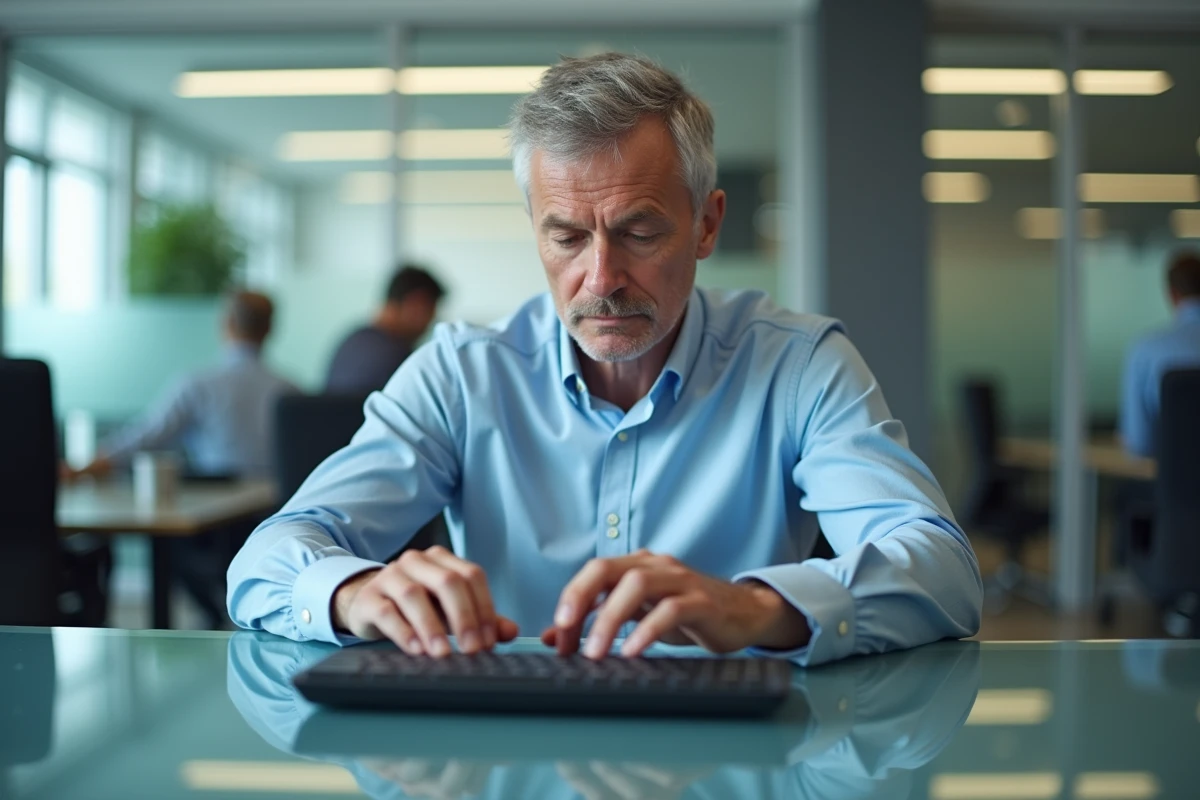Homme en bureau d'entreprise utilisant la touche Maj sur un clavier AZERTY