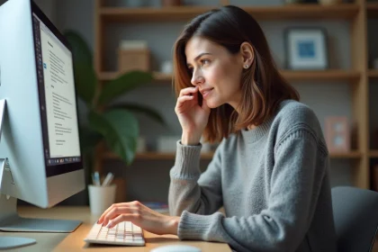 Femme appuyant sur la touche Maj d'un clavier AZERTY dans un bureau à domicile