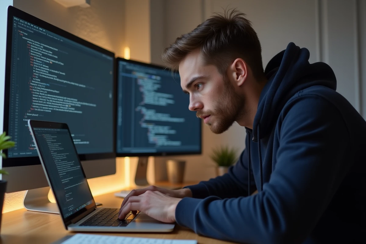 Homme appuyant sur la touche Maj d'un MacBook Pro dans un bureau moderne pour des raccourcis clavier gaming