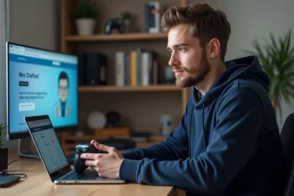 Homme cherchant le numéro de service client Sony PlayStation sur son ordinateur portable à son bureau