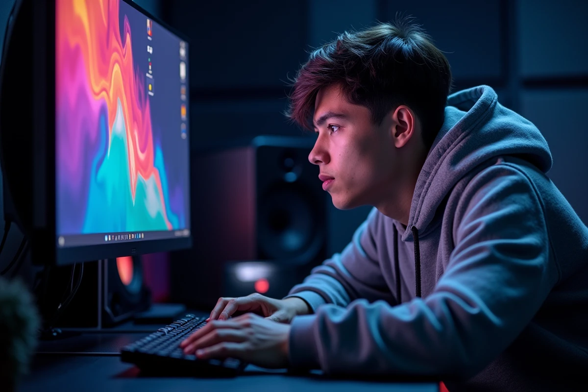 Homme concentré devant un moniteur OLED QHD 1440p dans un studio de création sombre avec reflets colorés sur son visage