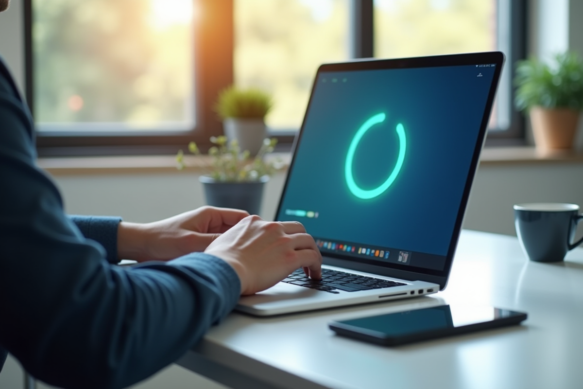 Personne utilisant un ordinateur portable lumineux et moderne