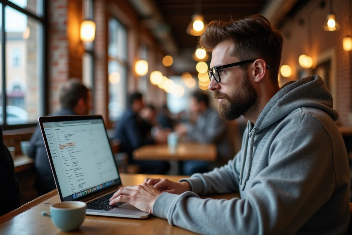 Homme utilisant des emails temporaires Yopmail dans un café pour protéger sa vie privée en ligne