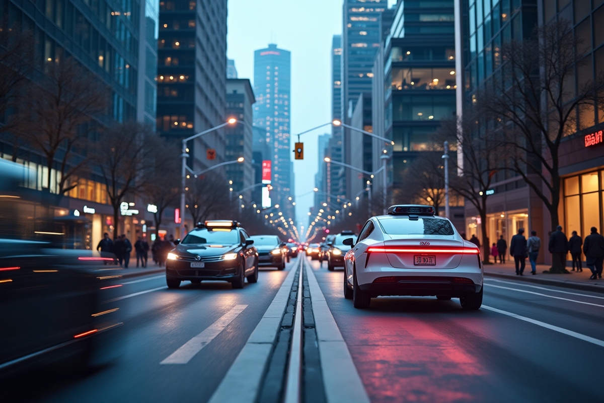 Voitures autonomes et piétons connectes en ville futuriste