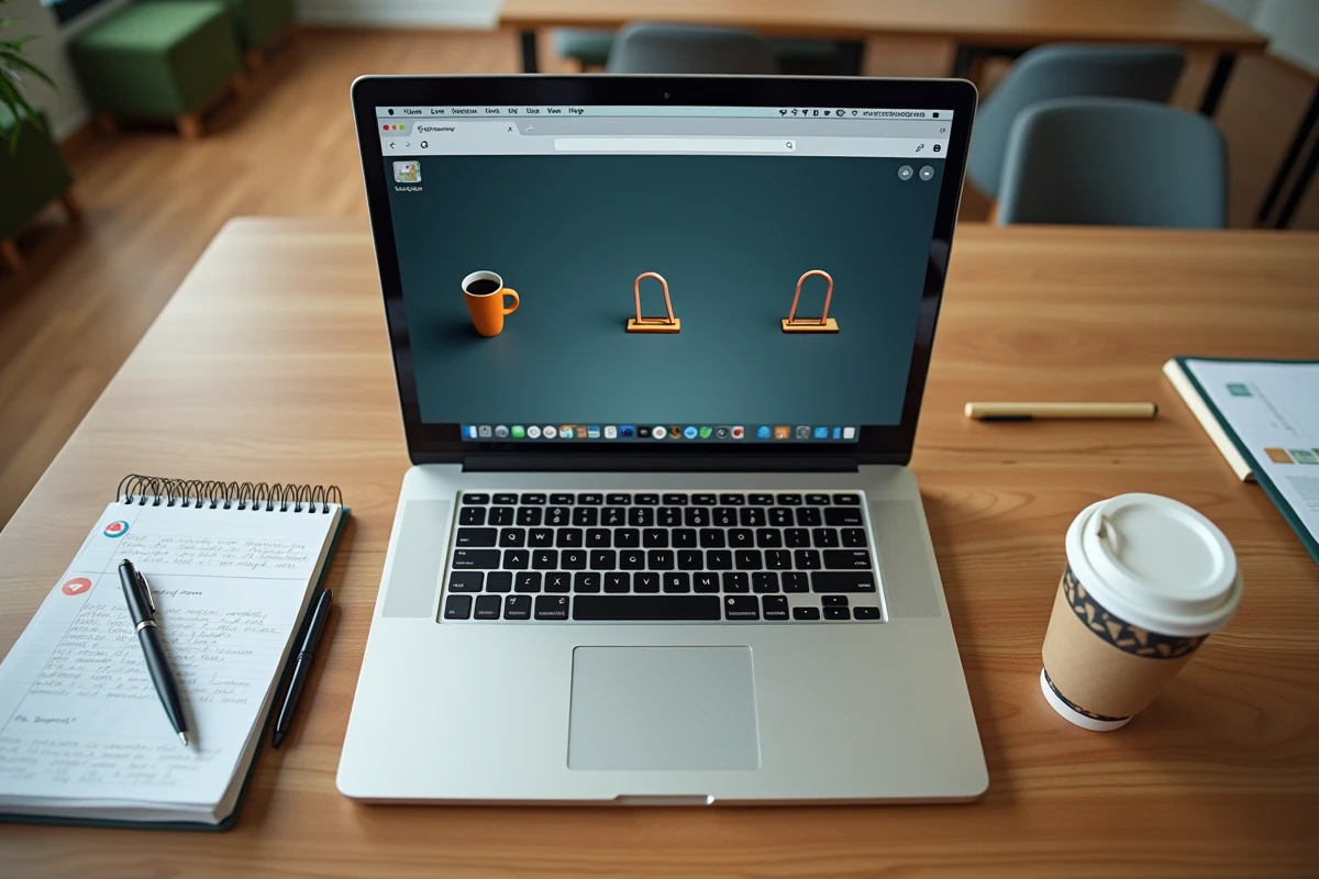 Vue aérienne d'un bureau de co-working avec un jeu en ligne discret ouvert sur un ordinateur portable entre des documents de travail