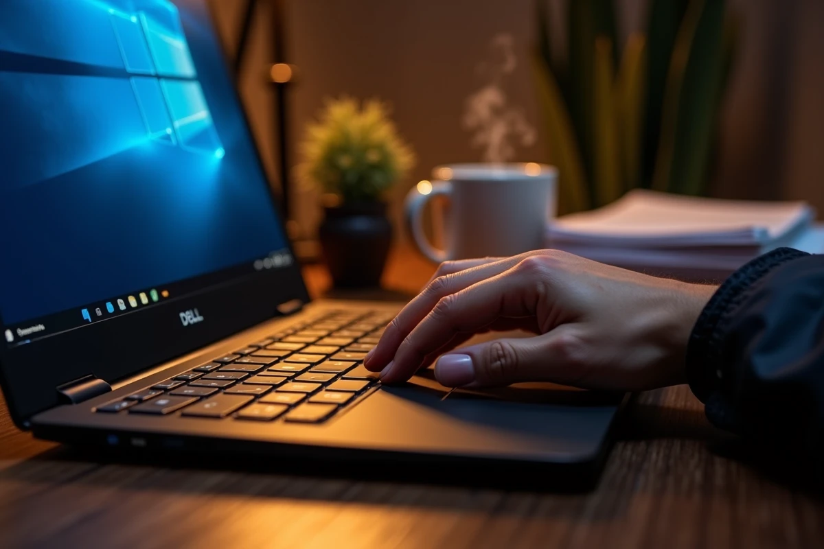Vue latérale d'un clavier Dell avec une main au repos montrant l'emplacement des touches spéciales, ambiance bureau soir