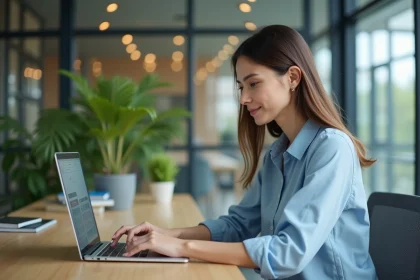 Femme connectée au webmail de l'académie de Montpellier sur un ordinateur portable dans un bureau universitaire moderne