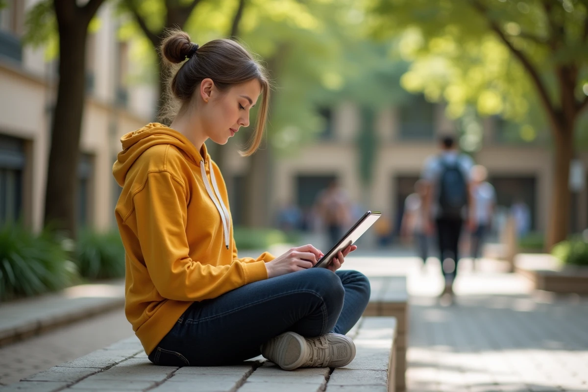Étudiante vérifiant son webmail académique sur une tablette dans la cour d'un campus à Montpellier