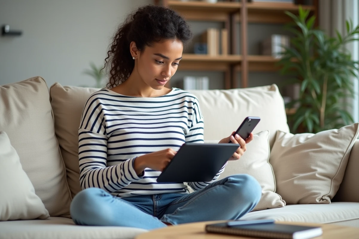 Jeune femme configurant un webmail sur iPhone et tablette dans un salon cosy